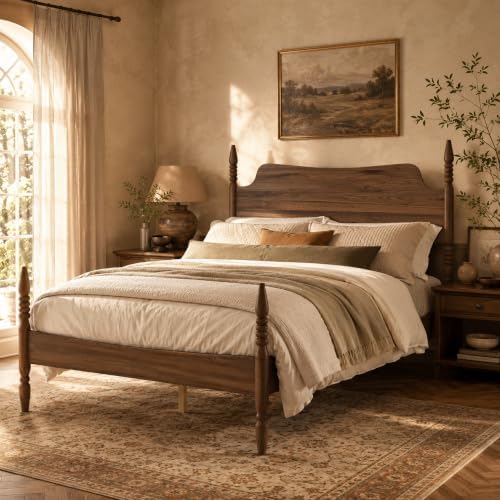 Queen Farmhouse Wood Platform Bed Frame with Headboard, Walnut Poster Bed