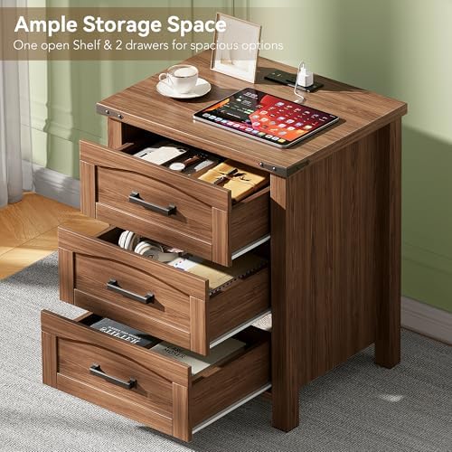 Decofy Farmhouse Nightstand Set of 2 with Charging Station, 3 Drawers