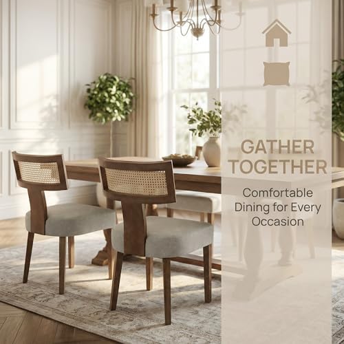 HNY Mid Century Modern Rattan Dining Chairs Set of 6, Farmhouse PU Leather Upholstered Accent Chair Curved Backrest Kitchen Chairs, with Hardwood Frame, Grey