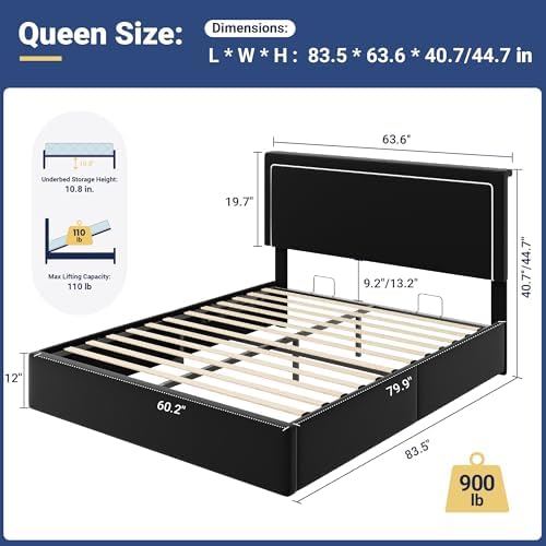 Allewie Queen Lift Up Storage Bed Frame with Charging Station, Black