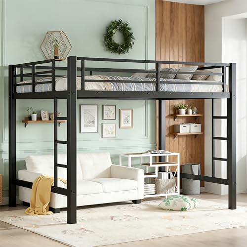 Bellemave Queen Size Loft Bed Frame with 2 Ladder, Sturdy Metal Construction & High Guardrail, Space-Saving Queen Loft Bed for Kids, No Box Spring Needed, Safe for Kids, Adults, Teens, Dorms, Black