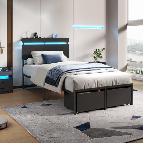 Forestell Twin Bed Frame with Wood Headboard,2 Storage Drawers & Shelf