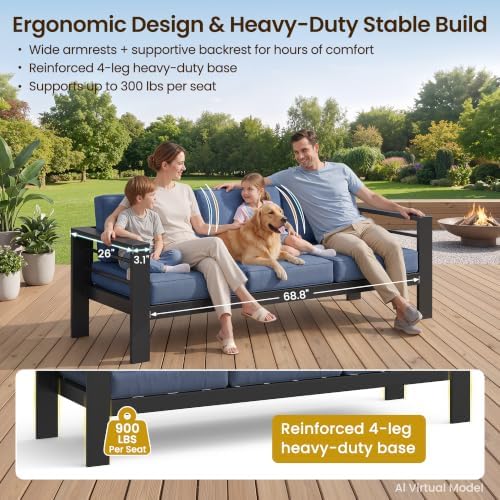 Kiss the Water 2 PCS Aluminum Outdoor Patio Sofa Set, All Weather Rust-Proof Metal Patio Couch, Modern Outdoor Furniture for Backyard Porch Garden, 5" Thick Waterproof Olefin Cushions, Light Grey