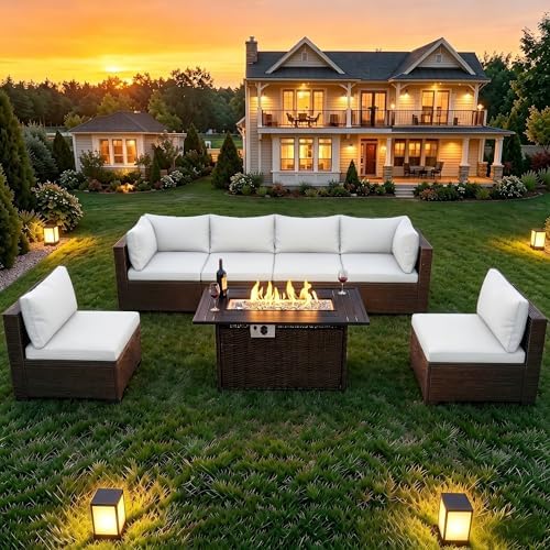 LAFWELL 8-Piece Wicker Patio Conversation Set with 44" Propane Fire Pit Table, Cozy Outdoor Sectional Sofa for Backyard Gatherings, Poolside Lounging & Garden Parties