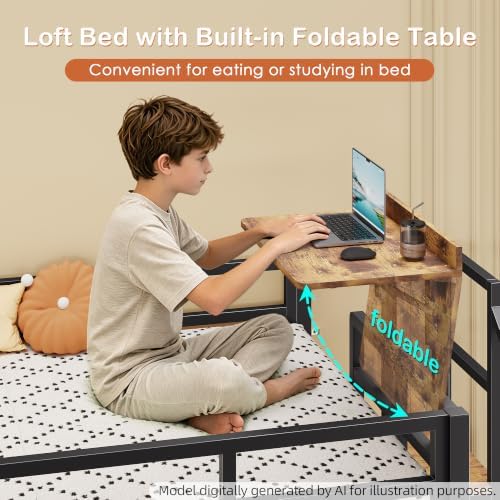 Dnxao Twin Loft Bed with Desk, 6 Drawers & Foldable Bed Table, Rustic Brown