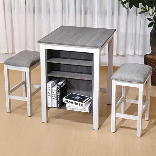 3-Piece Wooden Dining Table Set, Kitchen Island with Seating for 2, Kitchen Bar Table with Stools, Counter Height Dining Table Set, Rustic Gray Antique White, Farmhouse Style