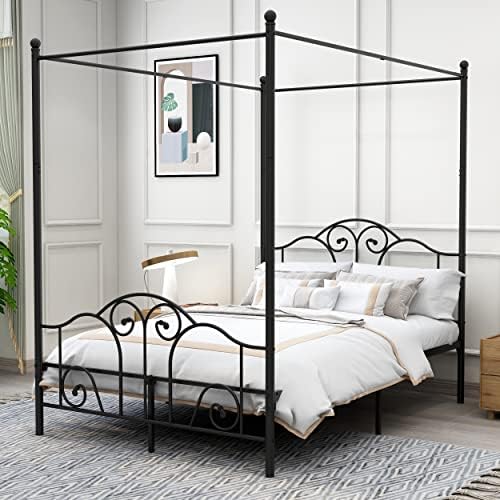 Full Size Four-Poster Metal Canopy Bed Frame,Black