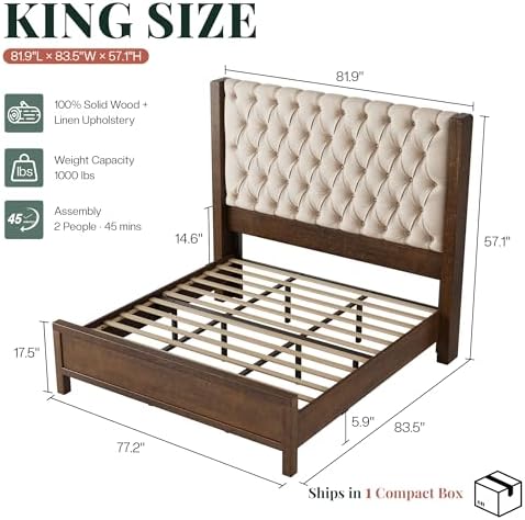 Jocisland King Size Solid Wood Bed Frame,57" Wingback Headboard,Walnut