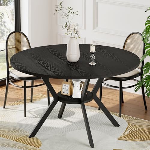Black Wood Dining Table for 2-4, 42 Inch Round Kitchen Table with Storage