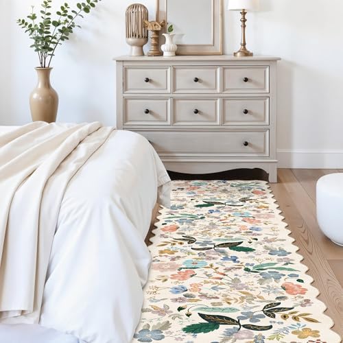 Washable Hallway 2'6x12 Runner Rug: Floral Scalloped Rug for Kitchen Entryway Farmhouse Soft Carpet for Bathroom Bedroom Thin Laudry Living Room Floor Mat with Non Slip Backing(2'6''x12',Cream)