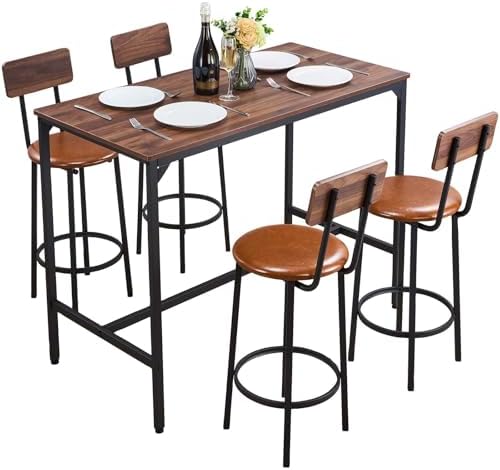 VEVOR Bar Table and Chairs Set, 5PCS 47.2″ Bars Tables Set with Rounded Edge Design, Rectangular Pub Table with Four Stools for Living Room, Dining Room, Kitchen, Walnut Color, Black