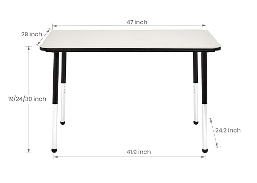 Amazon Basics Adjustable Height Rectangular Classroom Activity Table, Writing Desk for School and Home, Grey Top/Black Edge, 47" W x 29" L x 30" H