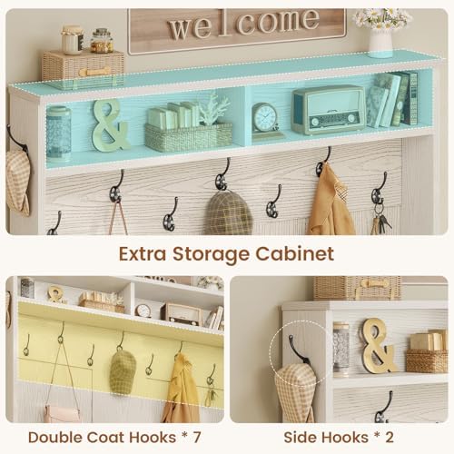 Itaar Hall Tree with Bench and Shoe Storage, 5-in-1 Entryway Bench with Coat Rack, 10 Shoe Cubbies & 9 Coat Hooks, Barn Door & Adjustable Shelf (Embossed White)
