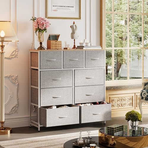 WLIVE Tall Dresser for Bedroom, 9 Drawer Chest of Drawers, Light Grey