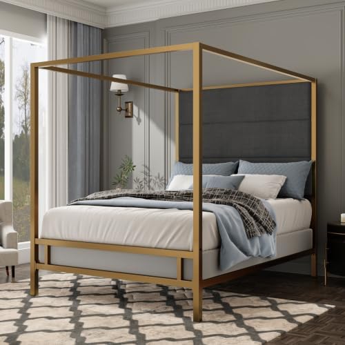Merax Queen Canopy Bed Frame with Tall Linen Headboard, Metal 4 Poster Bed