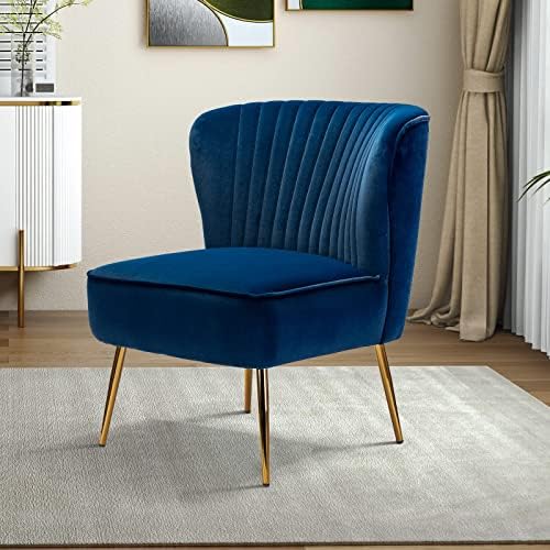 HULALA HOME Velvet Accent Chair, Modern Upholstered Cute Side Chair with Gold Metal Legs, Armless Wingback Slipper Chair Comfy Living Room Chair for Bedroom Guest Room Vanity,Navy