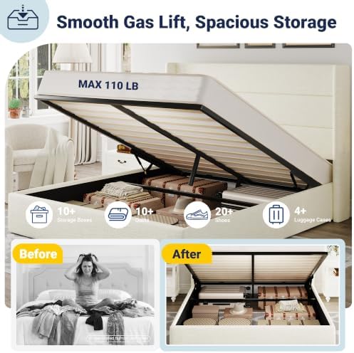 Allewie Full Size Chenille Lift Up Hydraulic Storage Bed Frame Cream White