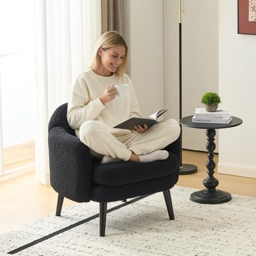 VINGLI 30.3" Wide Modern Barrel Accent Armchair with Track Armrest, Solid Wooden Legs, Comfy Upholstered Club Chair, Round Single Home Sofa for Living Room, Bedroom, Reading Room,Teddy Fleece Black