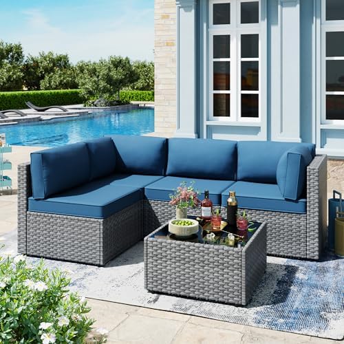 SUNLEI 5 Piece Patio Furniture Sets, Low Back All-Weather Rattan Sectional Sofa with Tea Table&Washable Couch Cushions, Patio Furniture Sets, Silver Rattan (Aegean Blue)