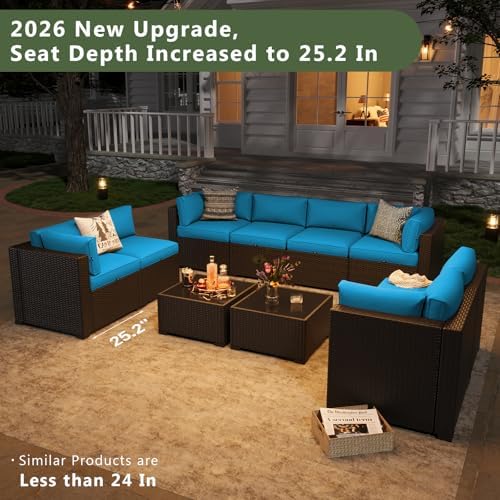 Aoxun 10 Piece Patio Furniture Set Wicker Rattan Patio Sectional Sofa Set Outdoor Seating Furniture with Thickened Cushion, Peacock Blue