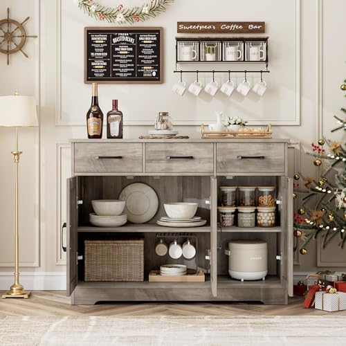 HOSTACK Kitchen Buffet Cabinet with Storage, Sideboard Coffee Bar, Grey
