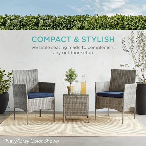 Best Choice Products 3-Piece Outdoor Wicker Conversation Bistro Set, Space Saving Patio Furniture for Garden w/Side Table - Black/Teal