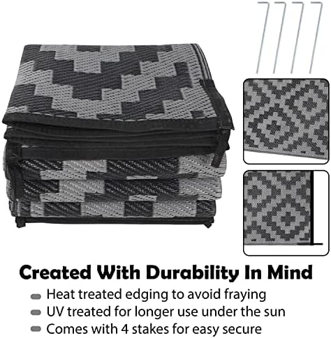 SAND MINE Waterproof Outdoor Rug 6x9 ft, Plastic Reversible Rug, Modern Area Rug, Large Floor Mat for Outdoors, RV, Patio, Backyard, Deck, Picnic, Beach, Camping, Black Grey Lattice