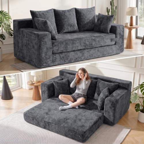 3 Seater Boneless Couch for Living Room, Convertible Sofa Bed in A Box, Folding Pull Out Couch with Comfy Corduroy, Loveseat Sleeper Floor Sofa with 5 Pillows, Velvet Fabric, Grey