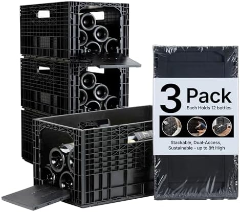 Stackable Wine Rack for Cabinet,12-Bottle Crate, Set of 3, Black