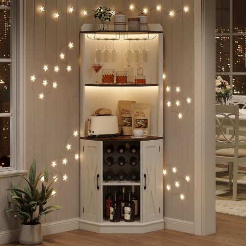 Vabches Farmhouse Corner Bar Cabinet with LED Lights Wine Bar Cabinet White