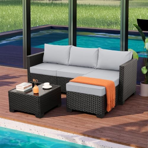 Rattaner 3 Pieces Patio Furniture Set Outdoor Sectional Wicker Patio Furniture Patio Couch with Ottoman and Outdoor Table All-Weather Anti-Slip Cushions Waterproof Covers, Light Grey