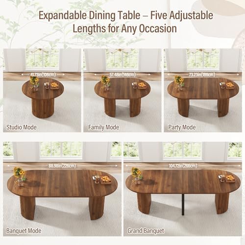weselon 42"-105" Extendable Dining Table for 4-12, Expandable Oval Dining Room Table with Fluted Pedestal Base & Reinforced Metal Support Leg, Large Modern Kitchen Table for Dining Room (Walnut)
