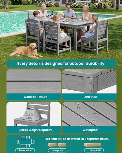 SERWALL Armless Outdoor Dining Set, Patio Dining Set for 6, Light Gray