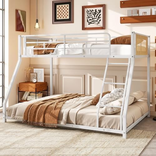 Giantex Twin Over Full Metal Bunk Bed, Boho Rattan Floor Bunkbeds with Ladder & Full-length Guardrails, Heavy Duty Metal Slats Support Bed Frame for Teens, Adults, Guests, No Box Spring Needed (White)