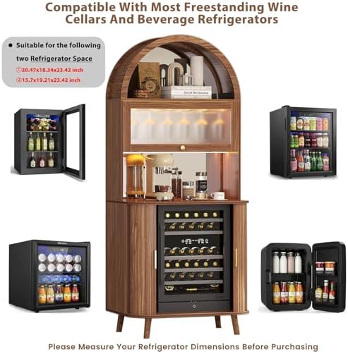 LVB Wine Fridge Cabinet, Arched Bar Cabinet with LED Light, Walnut, 73 Inch