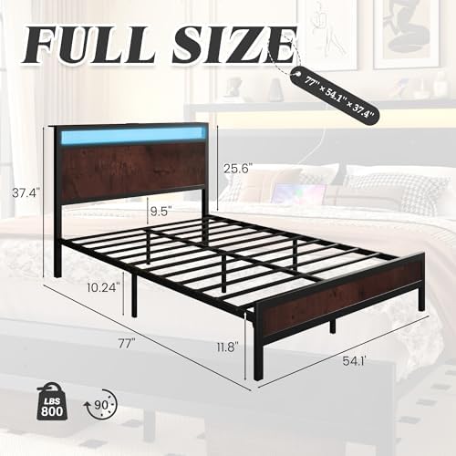 Fluest Full Bed Frame with Headboard & Footboard, Full Bed Frame with Built-in Charging Station & LED Light, Storage Shelf, Noise-Free, No Box Spring Needed, Easy Assembly, Coffee Brown