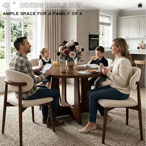 47" Round Dining Table Set for 4, 5 Piece Space Saving Kitchen Table and Chairs, Walnut Wood Finish Round Table with 4 Chairs for Small Apartment, Kitchen, Easy Clean,Walnut