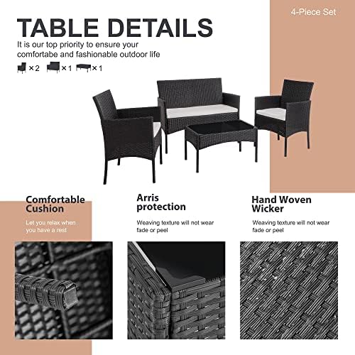 Shintenchi 4 Piece Outdoor Patio Furniture Sets, Small Wicker Patio Conversation Furniture Rattan Chair Set with Tempered Glass Coffee Table for Backyard Porch Garden Poolside Balcony,Black