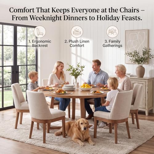 HNY Modern Dining Chairs Set of 6 with Comfortable Back Support, Farmhouse Soft Linen Upholstered Kitchen Dining Room Chairs with Solid Wood Legs, Armless Accent Side Chairs for Living Room, Beige