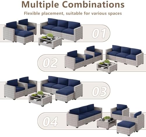 LOUVIXA 7 Piece Outdoor Patio Furniture Set, Rattan Chairs Glass Table Wicker Conversation Seating Sectional Sofa with Cushions (Grey White-Navy, 7Pcs-2 Layer Coffee Table)