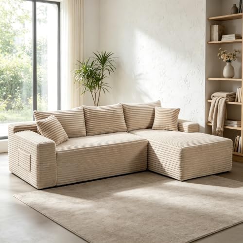 95" L-Shaped Right Facing Cloud Sectional Couch for Living Room, Modular Compressed Boneless Sectional Sofa Corduroy Boneless Corner Foam Sofa W/Chaise Lounge and Pillows