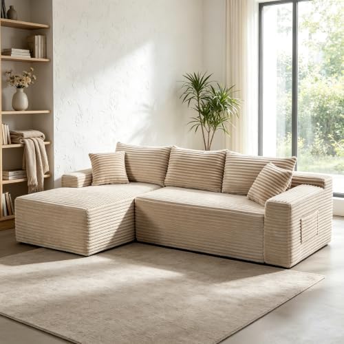 95" L-Shaped Left Facing Cloud Sectional Couch for Living Room, Modular Compressed Boneless Sectional Sofa Corduroy Boneless Corner Foam Sofa W/Chaise Lounge and Pillows