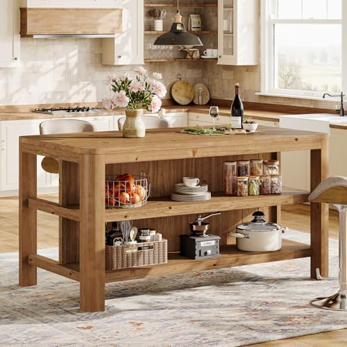 63" Solid Wood Kitchen Island with Storage Shelves, Easy Assembly