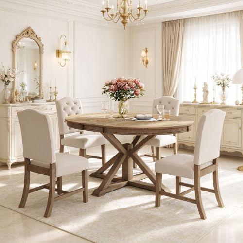 LUMISOL Round Dining Table Set for 4, Farmhouse Kitchen Table Set with Extendable Round Dining Table & 4 Upholstered Chairs, 5-Piece Solid Wood Table and Chairs Set for Kitchen, Dining Room, Natural
