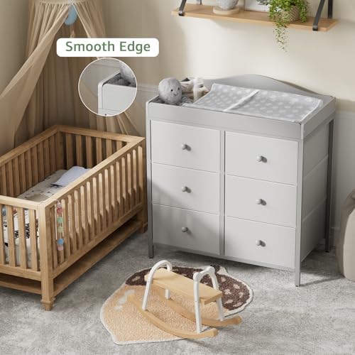 BOLUO Changing Table Dresser with 6 Fabric Drawers, Baby Dresser with Changing Table Top Diaper Changing Station with Storage for Nursery Modern Grey