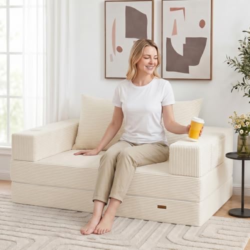 COMAX Boneless Futon Sofa Bed, 59" Small Low-Profile Floor Couch, Beige