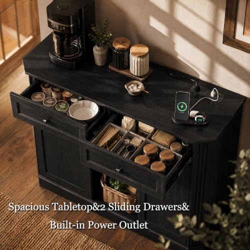 Black Coffee Bar with 2 Drawers & 2 Doors, LED Wine Bar Cabinet with Wine Glasses, Coffee Station with Built-in Outlets, Buffet Cabinet Sideboard with Extra Storage for Living Room Kitchen Entryway