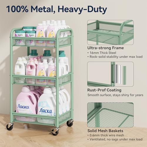 YASONIC 3 Tier Metal Rolling Cart, Green Utility Storage Cart with Wheels