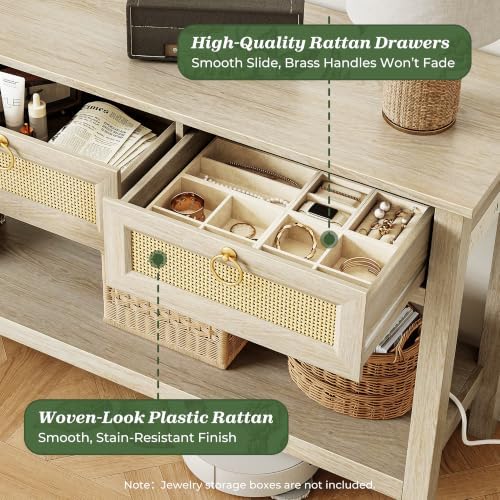 SUPERJARE Rattan Console Sofa Table with Outlets, USB-C Port and 3 Drawers