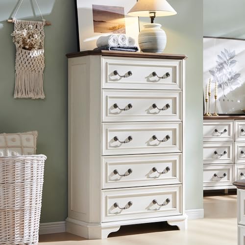 T4TREAM Farmhouse 5 Drawers Dresser for Bedroom, 48" Tall Wood Rustic Chest of Drawers with Natural Texture, Vintage Design, Storage Dressers Organizer for Bedroom, Living Room, Hallway, Antique White